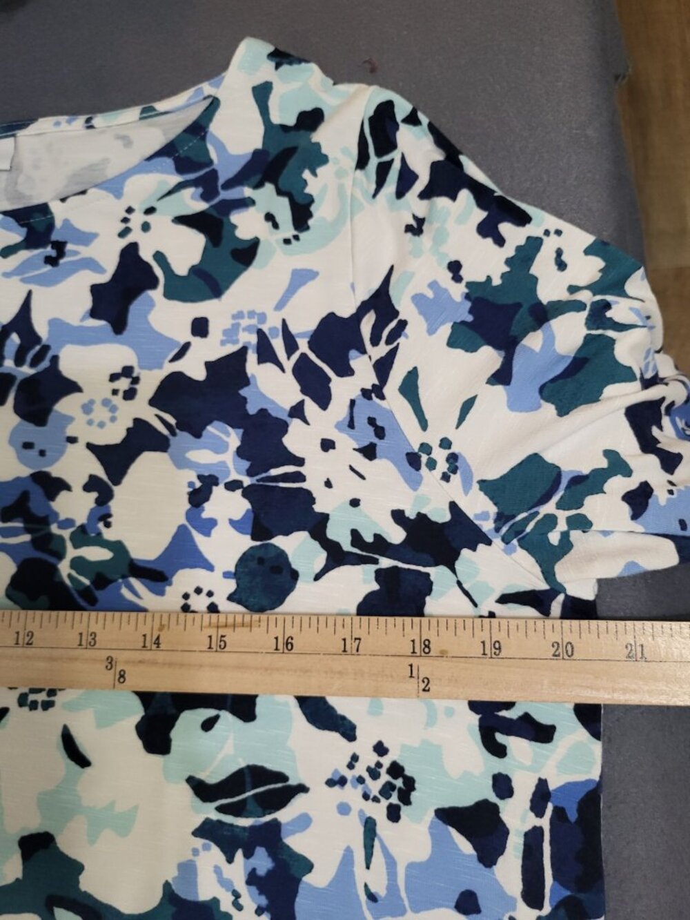J Jill Women's LG Dress Floral Ruffle Short Sleeve Stretch Blue White Pockets - Picture 5 of 7